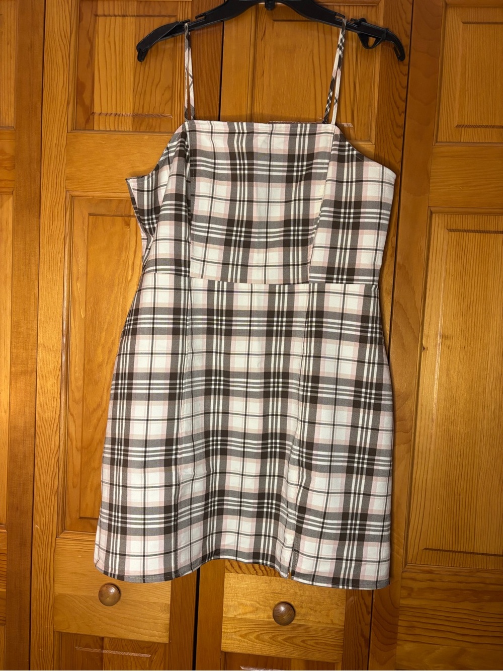BP. Plaid Spaghetti Strap Mini Dress in Brown and Cream with Pink Accents